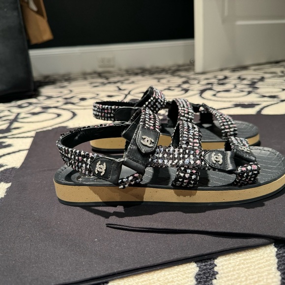 Chanel - Tweed Lambskin Crystal CC Slingback Sandals in Black Multicolor - Picture 5 of 12